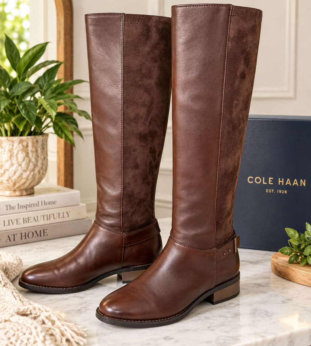 Cole Haan Air Riding Boots Womens 7B Brown Leather Suede Knee High D40817